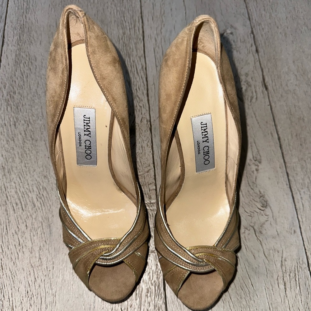 Jimmy Choo Brown Suede Heels with Pleated Detail